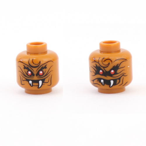 Minifig Head Commander Raggmunk, Dual Sided, Red Eyes, Wrinkles, White Fangs, Narrow Eyes / Wide Eyes, Open Mouth Print [Hollow Stud] Dunkelorange