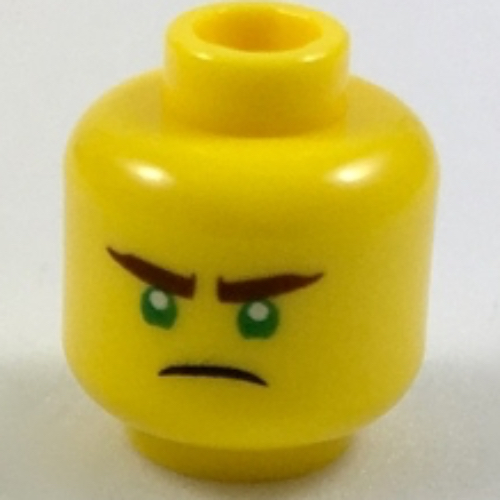 Minifig Head Lloyd, Reddish Brown Eyebrows, Green Eyes, Scowl Print [Hollow Stud] Yellow
