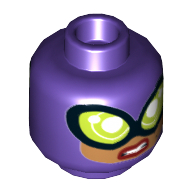 Minifig Head Catwoman, Balaclava, Large Lime Goggles, Medium Nougat Face, Smile / Sneer Print Dark Purple