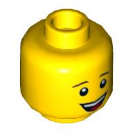 Minifig Head, Brown Eyebrows, Open Mouth Smile with White Teeth and Red Tongue Print Gelb