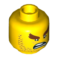 Minifig Head Shark Army, Reddish Brown Stubble and Bushy Eyebrows, Wrinkles, Open Mouth Scowl Print [Hollow Stud] Yellow