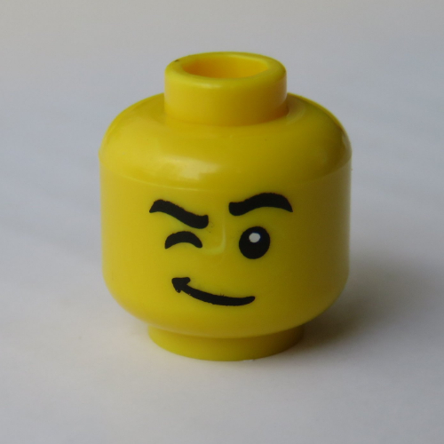 Minifig Head, Eyebrows with Right Raised, Winking Right Eye, Thin Curving Line Mouth Print Gelb