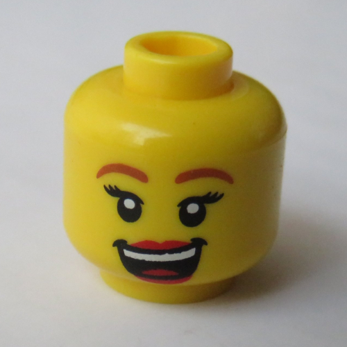 Minifig Head, Eyelashes, Arched Eyebrows, Open Mouth Smile with Teeth and Tongue Print Gelb