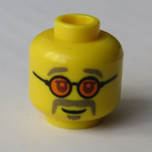 Minifig Head, Glasses with Orange Lenses, Dark Tan Moustache and Eyebrows Print Yellow