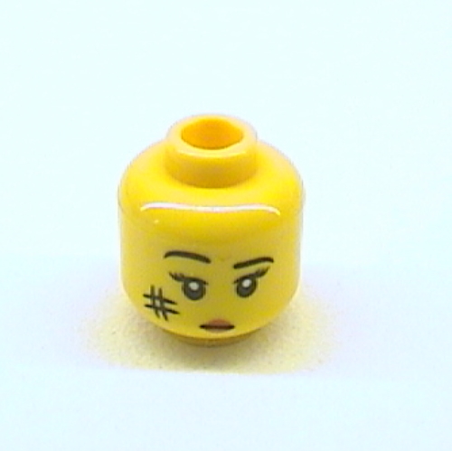 Minifig Head Cavewoman, Eyebrows, Eyelashes, Short Line Mouth with Red Lips, Smudge on Cheek Print Yellow