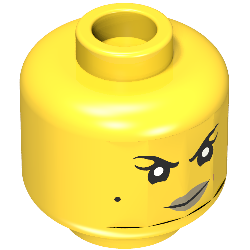 Minifig Head Nya, Eyebrows, Beauty Mark, Dark Tan Lips, Crooked Smile / Scowl Print Yellow