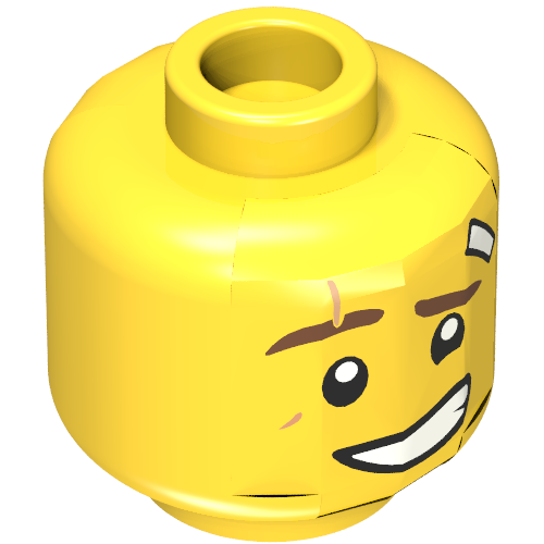 Minifig Head Kai, Reddish Brown Eyebrows, Medium Nougat Scar, Bandage, Lopsided Grin with Teeth / Determined Print Gelb