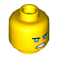 Minifig Head Zane, Straight Eyebrows, Medium Blue Eyes, Smile / Scowl Print Yellow