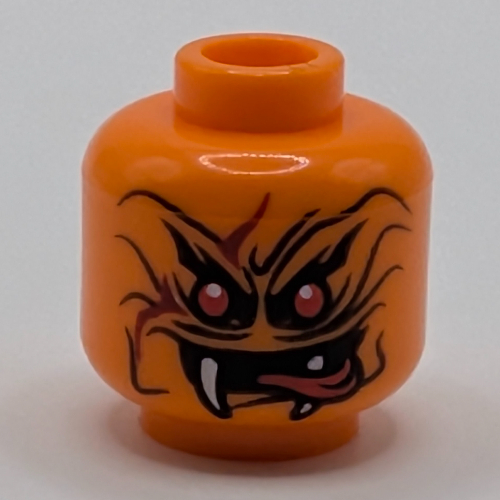 Minifig Head Commander Blunck, Red Eyes, White Fangs, Neutral / Red Pointed Tongue Out Print [Hollow Stud] Orange