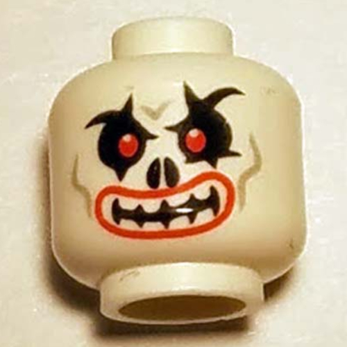 Minifig Head Krazi, Skull Evil with Red Eyes, Curved Eyebrows and Red Lips Print [Hollow Stud] White