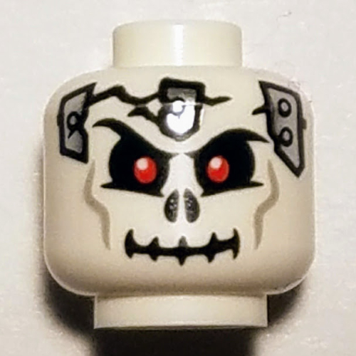 Minifig Head Frakjaw, Skull Cracked with Metal Plates on Front and Back Print [Hollow Stud] White