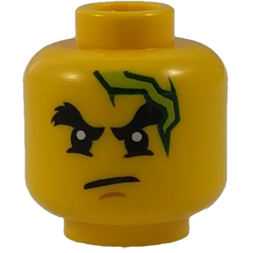 Minifig Head Cole, Dual Sided, Bushy Eyebrows, Chin Dimple, Lightning Bolt, Scowl / Open Mouth with Teeth Print [Hollow Stud] Gelb