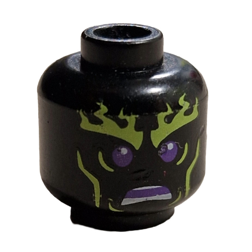Minifig Head Wooo, Yellowish Green Flaming Eyebrows, Cheek Lines, Dark Purple Eyes and Open Mouth Print [Hollow Stud] Schwarz