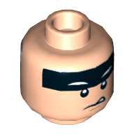 Minifig Head Batman, Dual Sided Black Stripe on Forehead, Crooked / Angry Mouth Print [Hollow Stud] Light Nougat