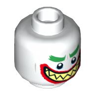 Minifig Head Joker, Green Eyebrows, Red Lips, Sharp Teeth, Wide Clenched Grin / Wide Open Mouth Grin Print White