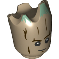 Minifig Head Special, Teen Groot with Sand Green Tips Print Dunkelbeige
