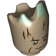 Minifig Head Special, Teen Groot with Sand Green Tips, Serious Grin Print Dunkelbeige