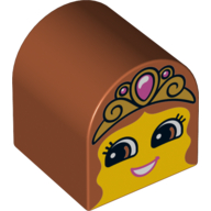 Duplo Brick 2 × 2 × 2 Curved Top with Girl Face, Open Smile, Crown with Jewel Print Dark Orange