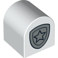 Duplo Brick 2 × 2 × 2 Curved Top with Police Star Badge Silver Print White