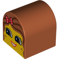 Duplo Stein 2 × 2 × 2 gewölbte Oberseite mit Mädchengesicht, rote Lippen, offenes Lächeln, Sommersprossen, dunkelorangefarbene Haare mit Punkteschleife (bedruckt) in Dunkelorange