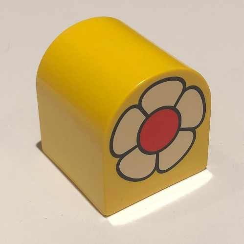 Duplo Brick 2 × 2 × 2 Curved Top with White Flower with Red Center Print Yellow