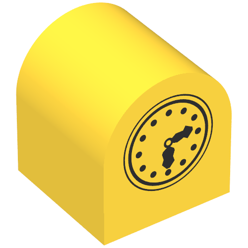 Duplo Brick 2 × 2 × 2 Curved Top with Clock Hands 6:12 Print Yellow