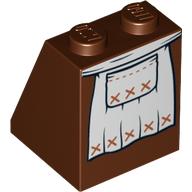 Brick Sloped 65° 2 × 2 × 2 with Bottom Tube with White Apron Skirt Print Rotbraun
