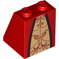 Brick Sloped 65° 2 × 2 × 2 with Bottom Tube with Gold Inset Skirt with Dark Red Trim and Background Print Rot