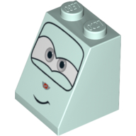 Brick Sloped 65° 2 × 2 × 2 with Bottom Tube and Eyes, Gray and Crooked Smile Print Light Aqua