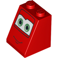 Brick Sloped 65° 2 × 2 × 2 with Bottom Tube and Eyes, Green on White Background and Smile Print 2 Rot