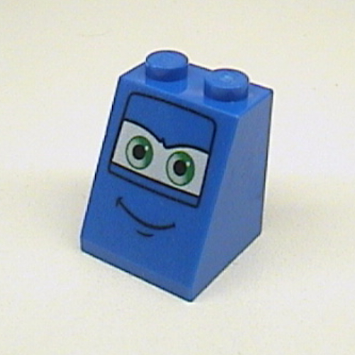 Brick Sloped 65° 2 × 2 × 2 with Bottom Tube and Eyes, Green on White Background and Smile Print 1 Blau