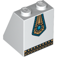 Brick Sloped 65° 2 × 2 × 2 with Bottom Tube with Gold Panel with Blue Jewel and Gold Fringe Print [col05-14] Weiß