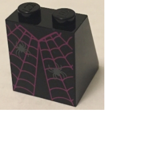 Brick Sloped 65° 2 × 2 × 2 with Dress with Magenta Spider Web and 2 Dark Bluish Gray Spiders Pattern in 