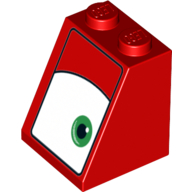 Brick Sloped 65° 2 × 2 × 2 with Bottom Tube and Eye, Green, Right Print Red