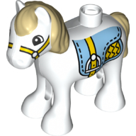 Duplo Animal Horse/Foal with Bright Light Blue Saddle, Tan Mane & Tail Print White
