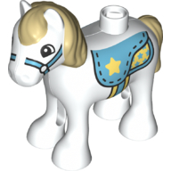 Duplo Animal Horse/Foal with Medium Azure Saddle, Tan Mane & Tail Print White