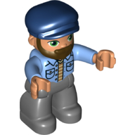 Duplo Figure with Cap Dark Blue, with Beard, Dark Bluish Gray Legs, Medium Blue Shirt Mittelblau