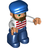 Duplo Figure with Cap Blue, with Beard, Dark Blue Legs, Red and White Striped Shirt Print Weiß