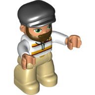 Duplo Figure with Cap Black, with Beard, Tan Legs, Red and Yellow Striped Shirt Print White