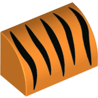 Brick Curved 1 × 2 × 1 No Studs with Black Tiger Stripes print Orange