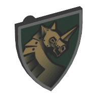 Shield Triangular with Gold Armoured Horse on Dark Green Background Print Hellblaugrau