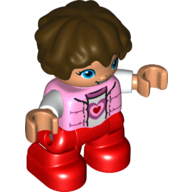 Duplo Figure Child with Short Wavy Hair Dark Brown, with Red Legs, Bright Pink Shirt with Heart Print Bright Pink