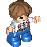 Duplo Figure Child with Short Wavy Hair Medium Nougat, Blue Legs, White Checkered Shirt, Belt, Boy Weiß