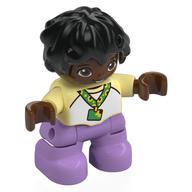 Duplo Figure Child with Short Wavy Hair Black, Sunflower Lanyard, Medium Lavender Legs Bright Light Yellow