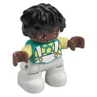 Duplo Figure Child with Short Wavy Hair Black, White Legs, Bright light Yellow Stars Print Dunkeltürkis