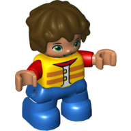 Duplo Figure Child with Short Wavy Hair Brown, Blue Legs, Red Arms, Yellow Life Vest Print Yellow