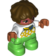 Duplo Figure Child with Short Wavy Hair Dark Brown, with Bright Green Legs, Yellow Top with White Spots, Blue Bow Print White