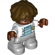 Duplo Figure Child with Short Wavy Hair Brown, Light Bluish Gray Legs, Jacket over Striped Shirt Print Weiß