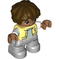 Duplo Figure Child with Short Wavy Hair Dark Brown, Light Bluish Gray Legs, Letterman Jacket Print Bright Light Yellow