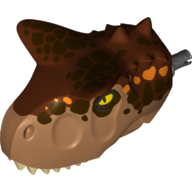 Animal Body Part, Dinosaur, Carnotaurus Head with Pin, Tan Teeth, Reddish Brown Top and Dark Brown and Orange Spots Mittelnougat